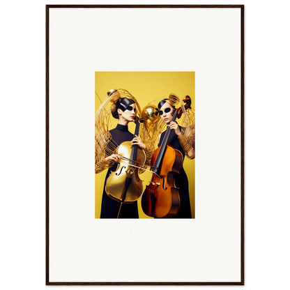 Framed wall art of musicians playing cellos in yellow for vibrant room decor