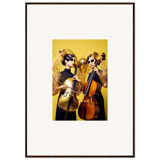 Framed wall art of musicians playing cellos in yellow for vibrant room decor