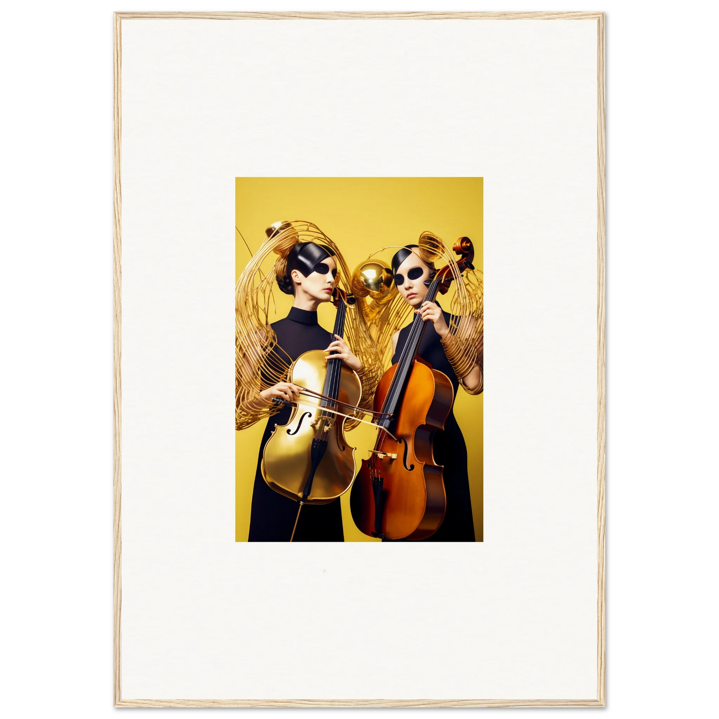 Framed wall art of musicians with cellos in wigs, perfect for Dive Illusions room decor