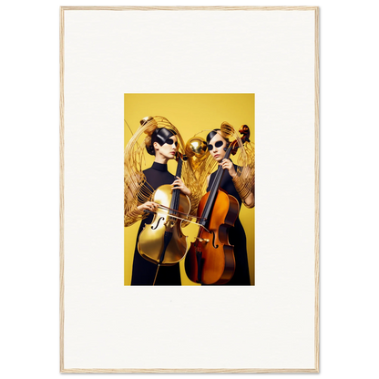 Framed wall art of musicians with cellos in wigs, perfect for Dive Illusions room decor