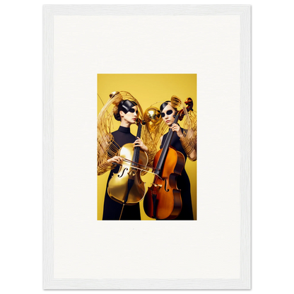 Framed wall art of two musicians playing cellos, perfect for room decor and Dive Illusions