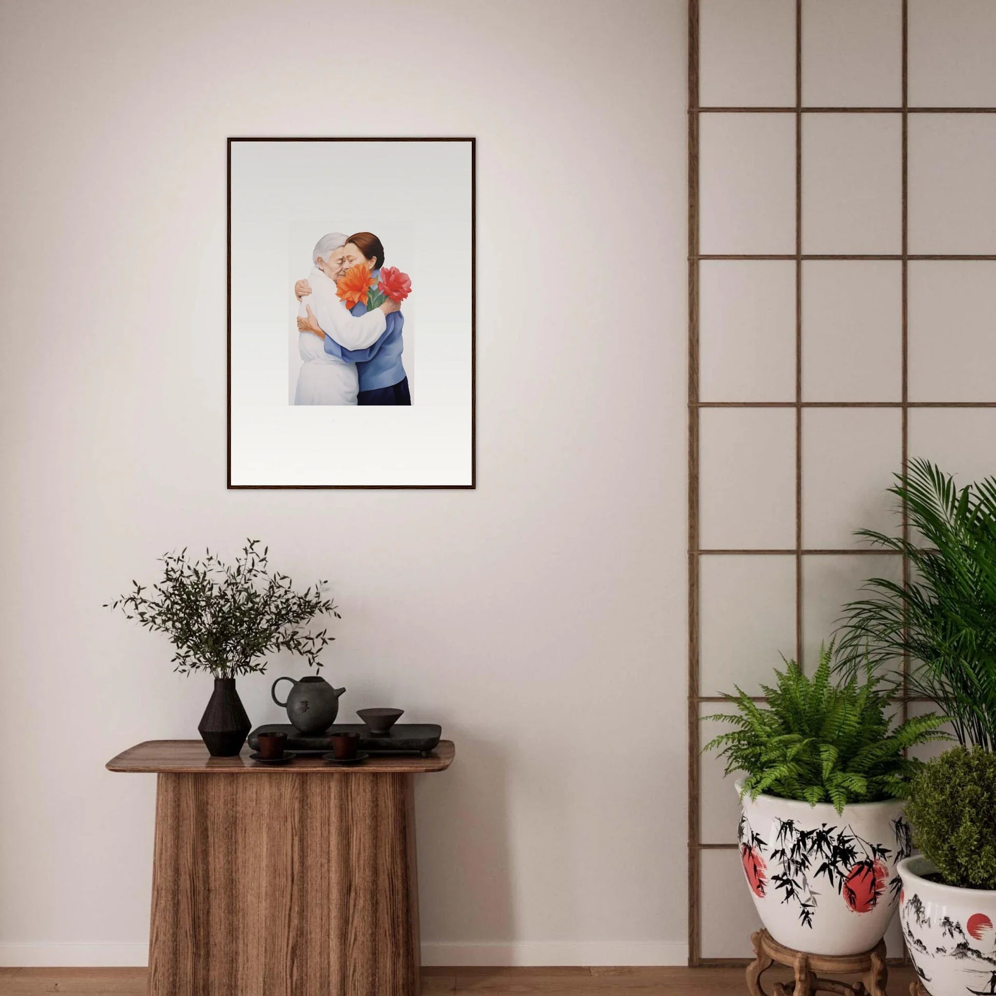 Framed wall art of two people embracing, ideal for room decor or canvas prints