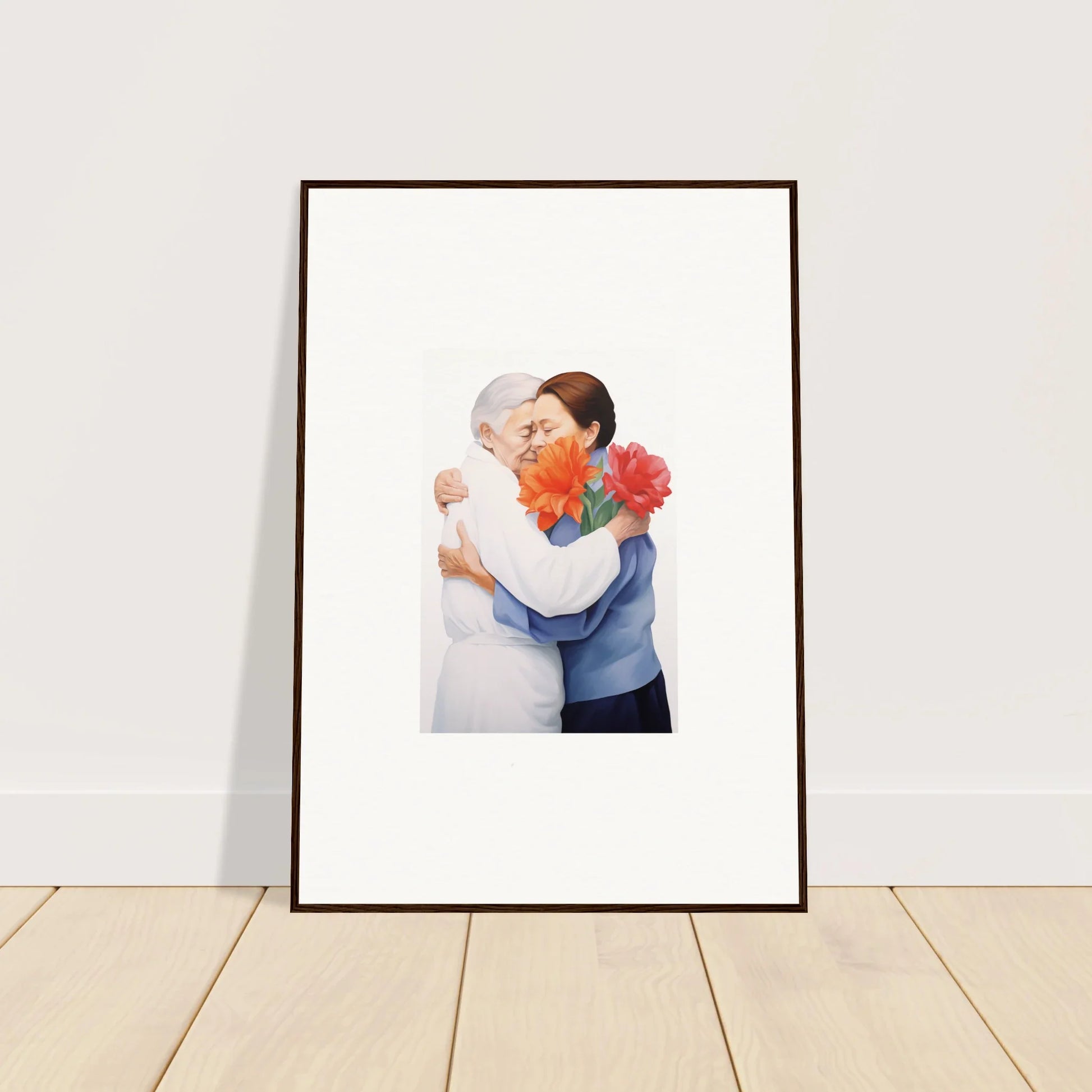 Framed wall art of two people embracing with colorful flowers for perfect room decor