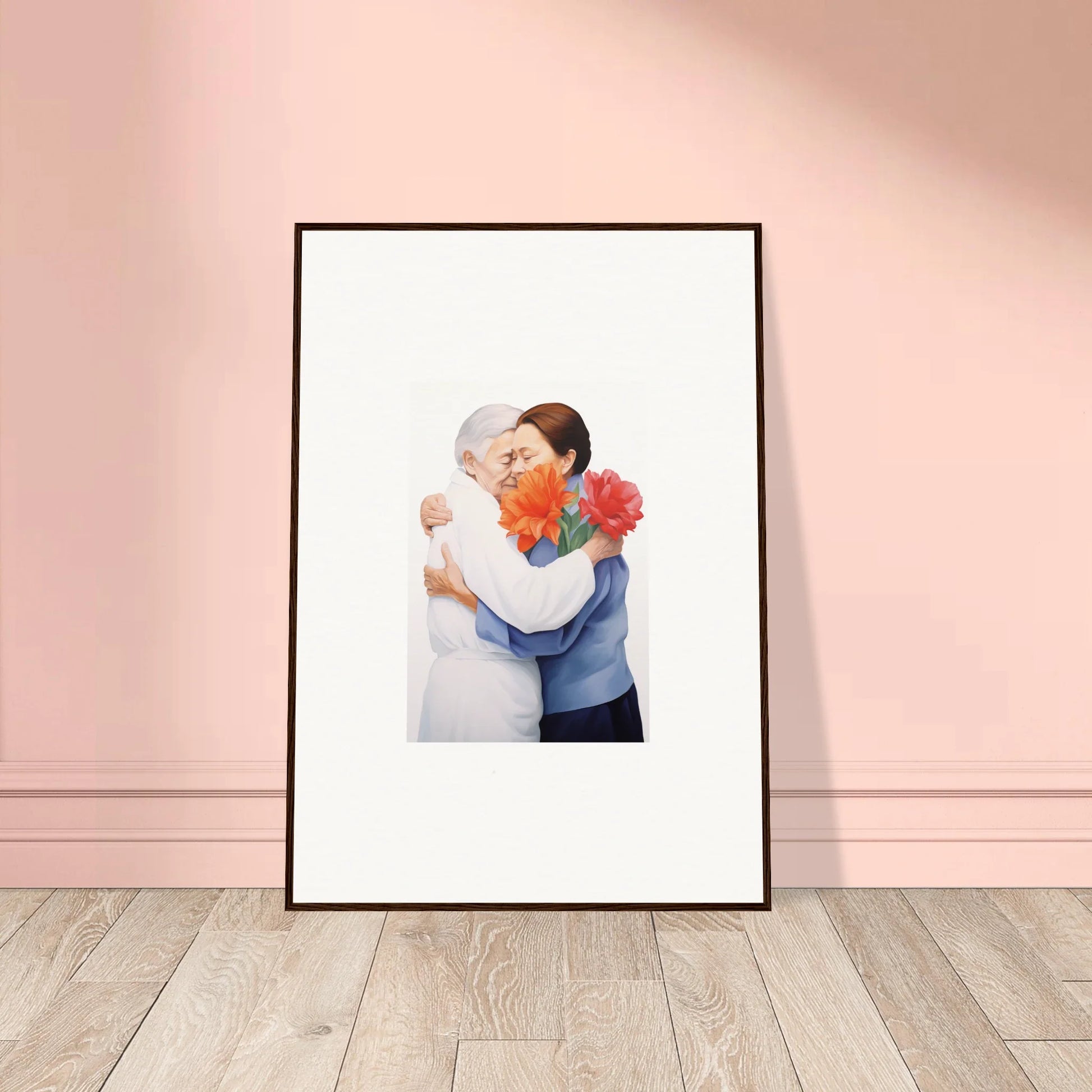 Framed wall art of two people embracing with red flowers, perfect for room decor