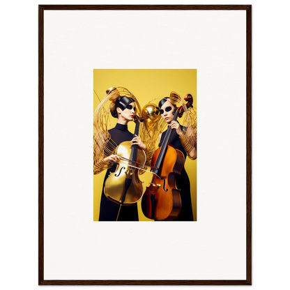 Stylized figures playing cellos in framed wall art for vibrant room decor with Dive Illusions