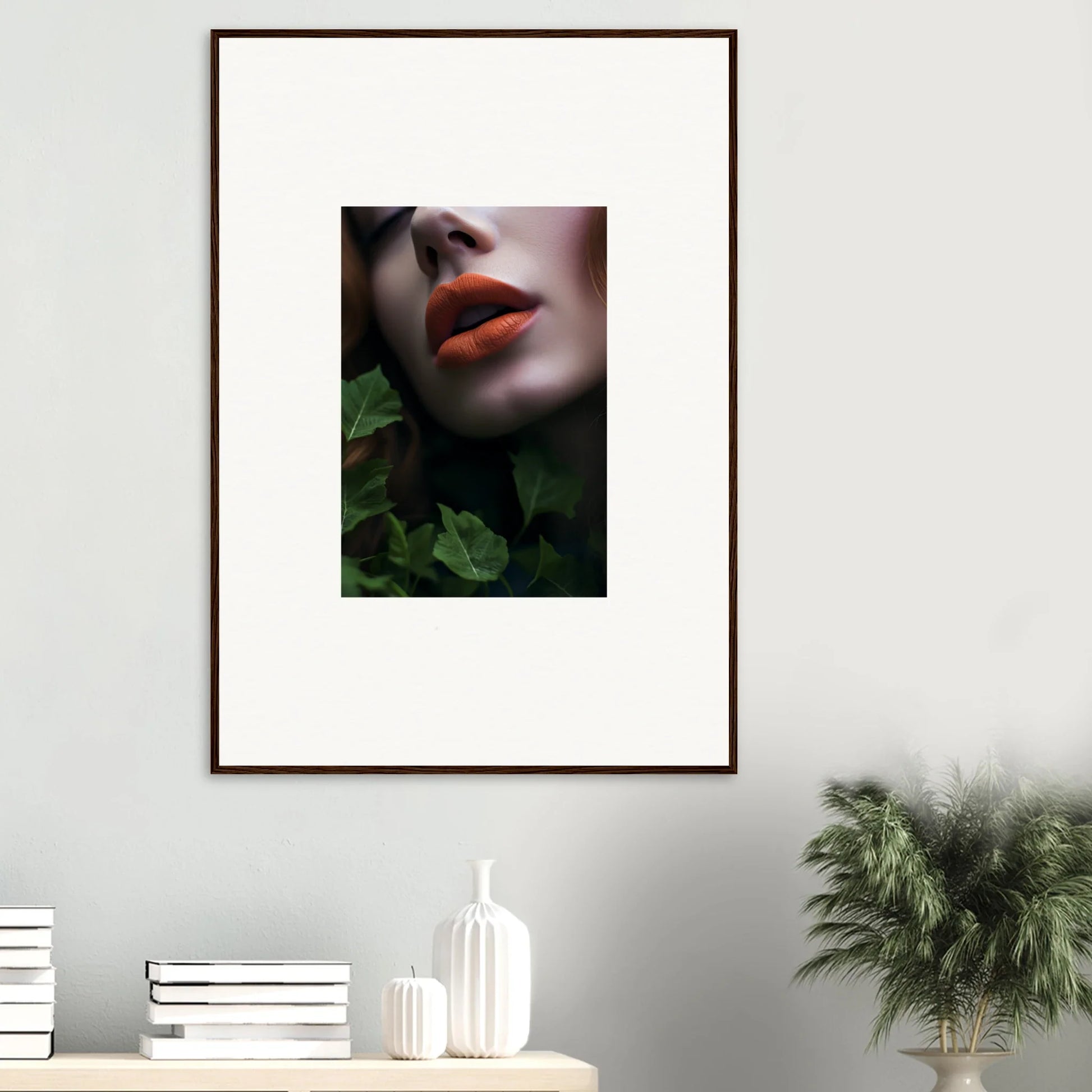 Framed wall art of vibrant red lips amidst green foliage for stylish room decor