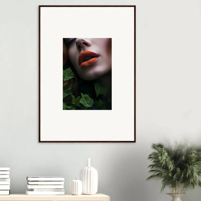 Framed wall art of vibrant red lips amidst green foliage for stylish room decor