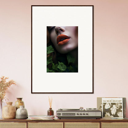 Framed wall art with vibrant red lips and green foliage for unique room decor