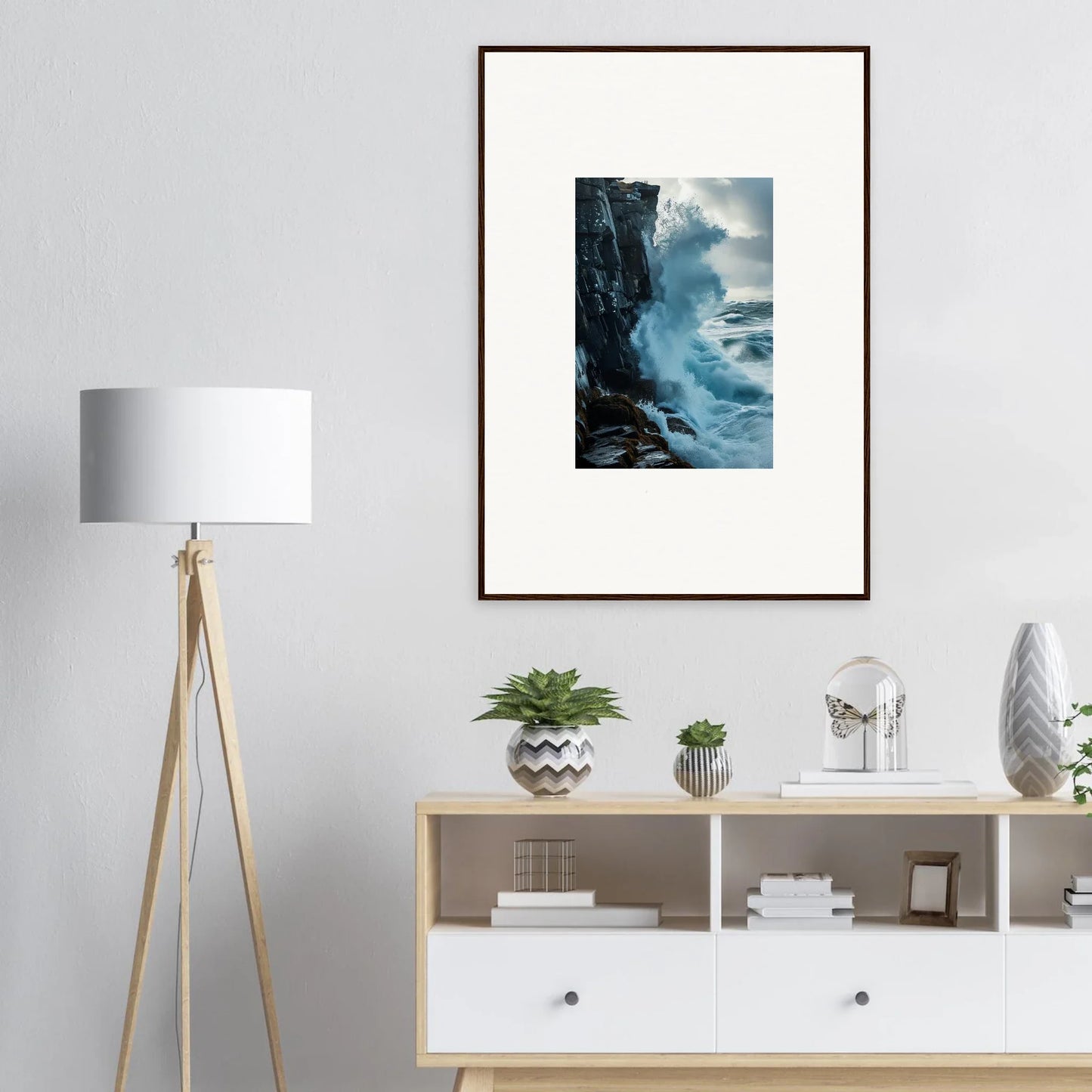 Framed wall art of crashing waves, perfect baptism translation room decor