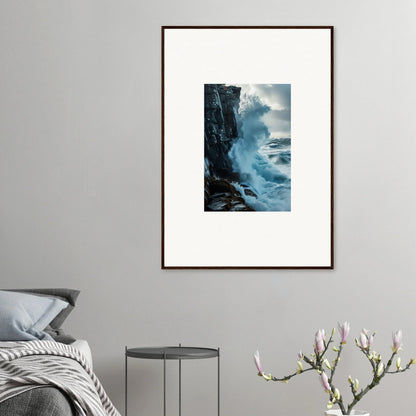 Framed wall art of crashing waves on a rocky cliff for stylish room decor