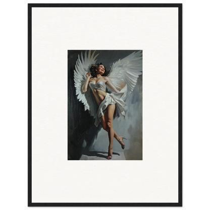 Framed wall art of a woman with large white wings for bliss effervescent room decor