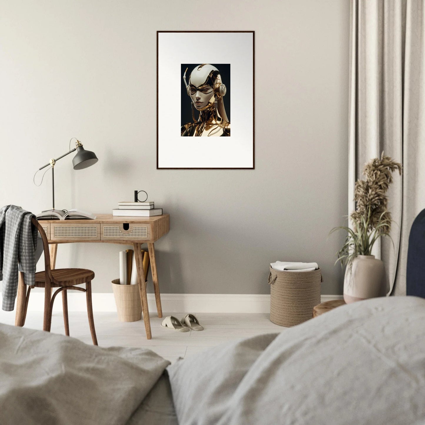 Framed wall art of a serious dog portrait, perfect for Botanical Sonata room decor