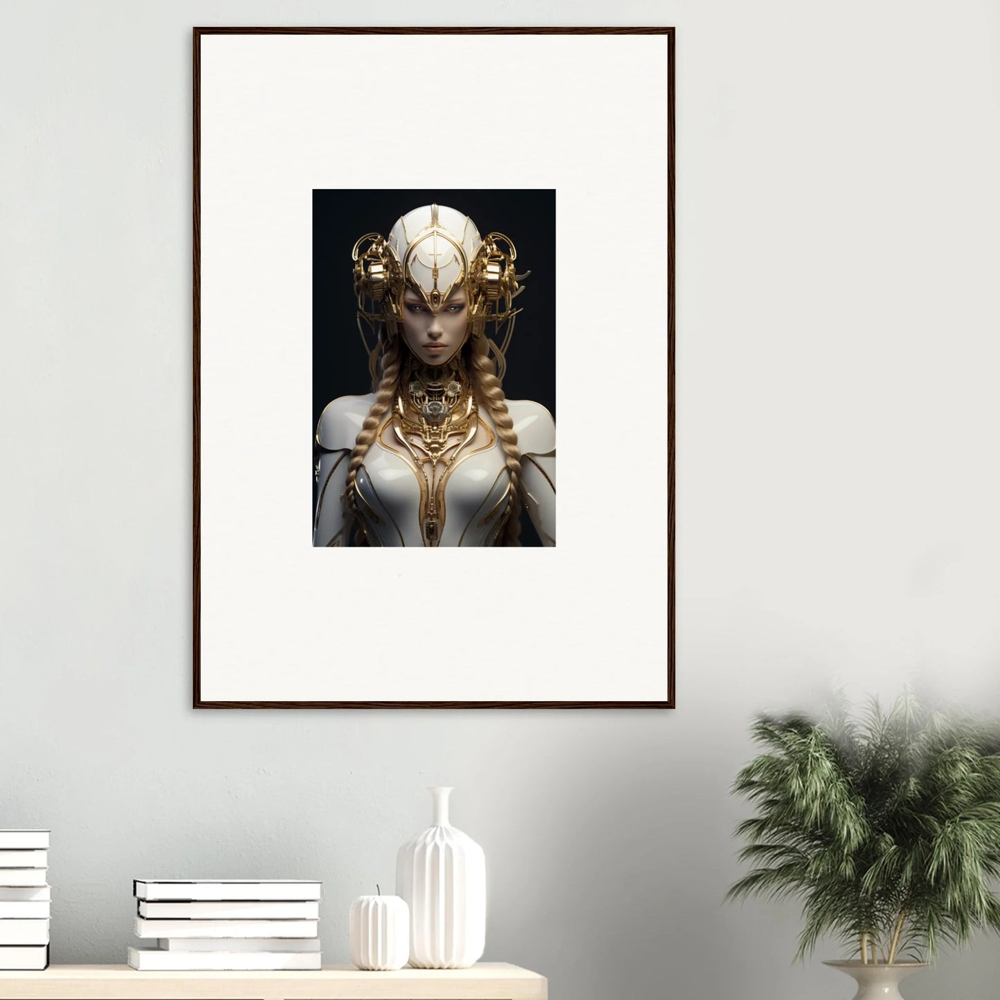 Framed wall art featuring an ornately adorned figure from Gilded Cosmos room decor