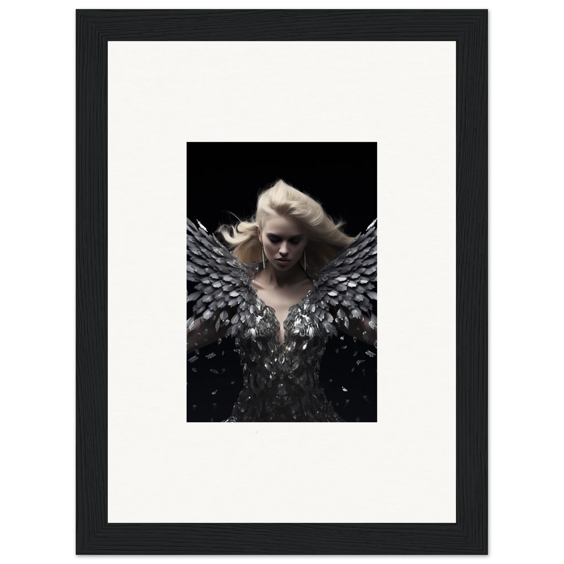 Framed wall art of a figure with feathered wings, perfect for Phantom Reverie room decor