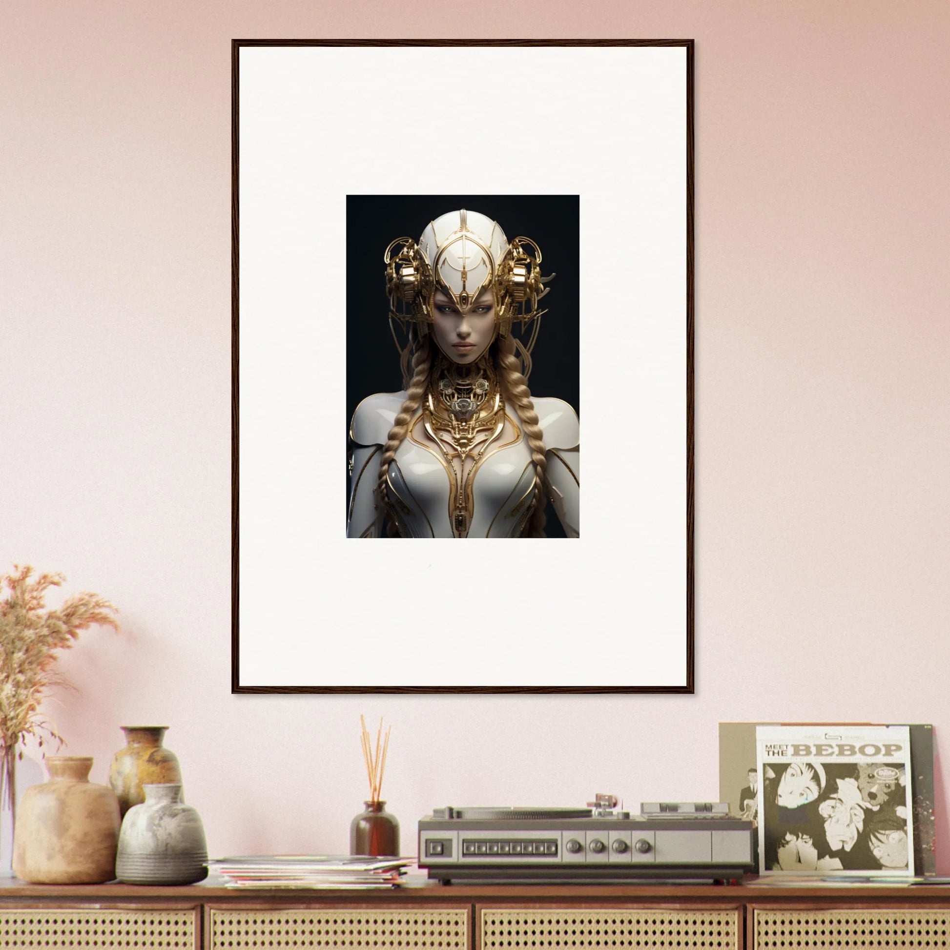 Framed wall art of a figure adorned with golden jewelry from Gilded Cosmos room decor