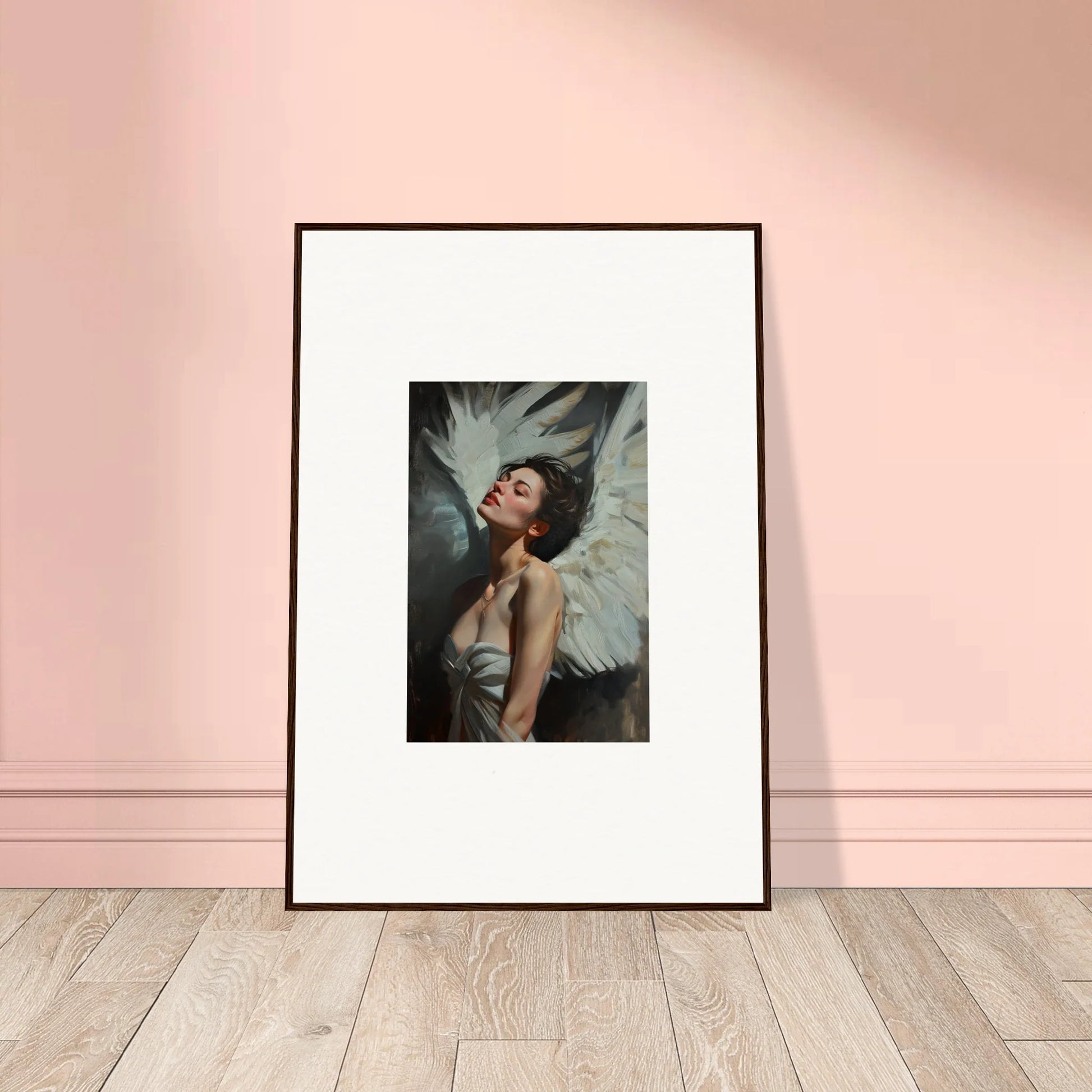 Framed wall art of a figure with large white wings, embodying feathered elegance