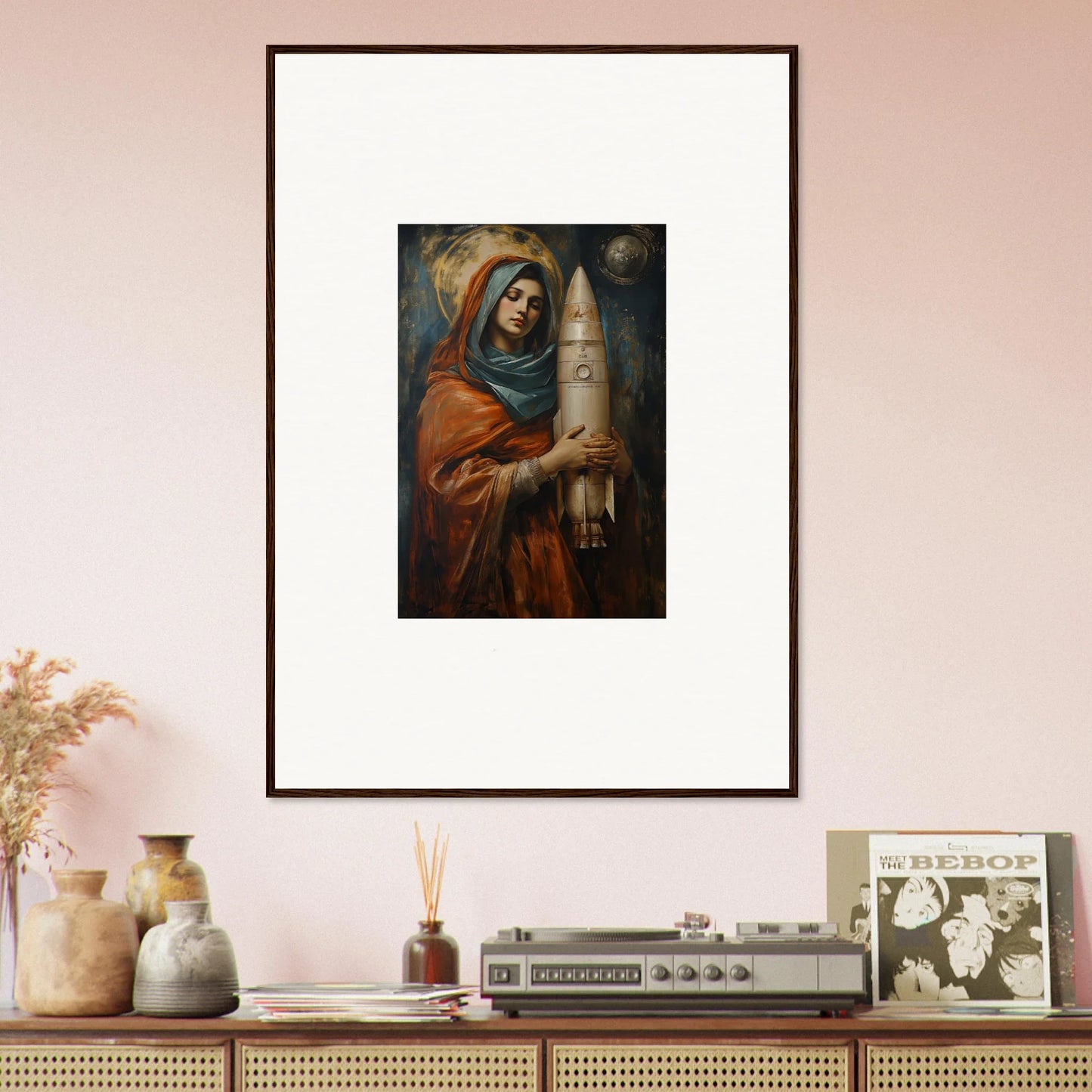 Framed wall art of a figure in orange robes for unique room decor in Quantum Atelier