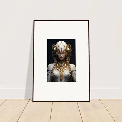 Framed wall art of a figure in ornate headdress and golden jewelry for Gilded Cosmos room decor