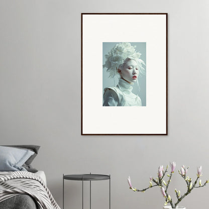 Framed wall art of a florid creature with pale skin and white hair for room decor