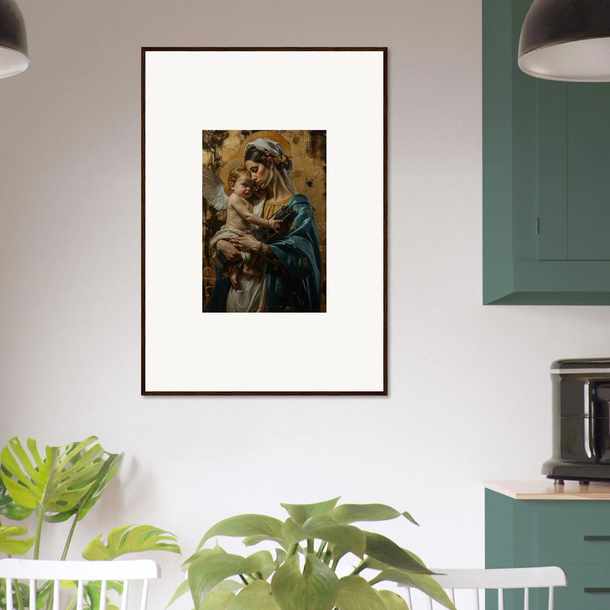 Framed wall art of a figure in traditional attire for metallic lullabies room decor