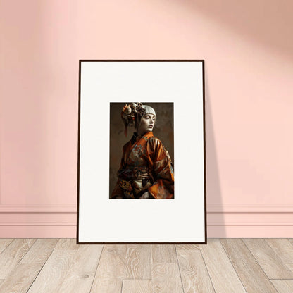 Framed wall art of a figure in traditional Japanese attire with shadows whispering