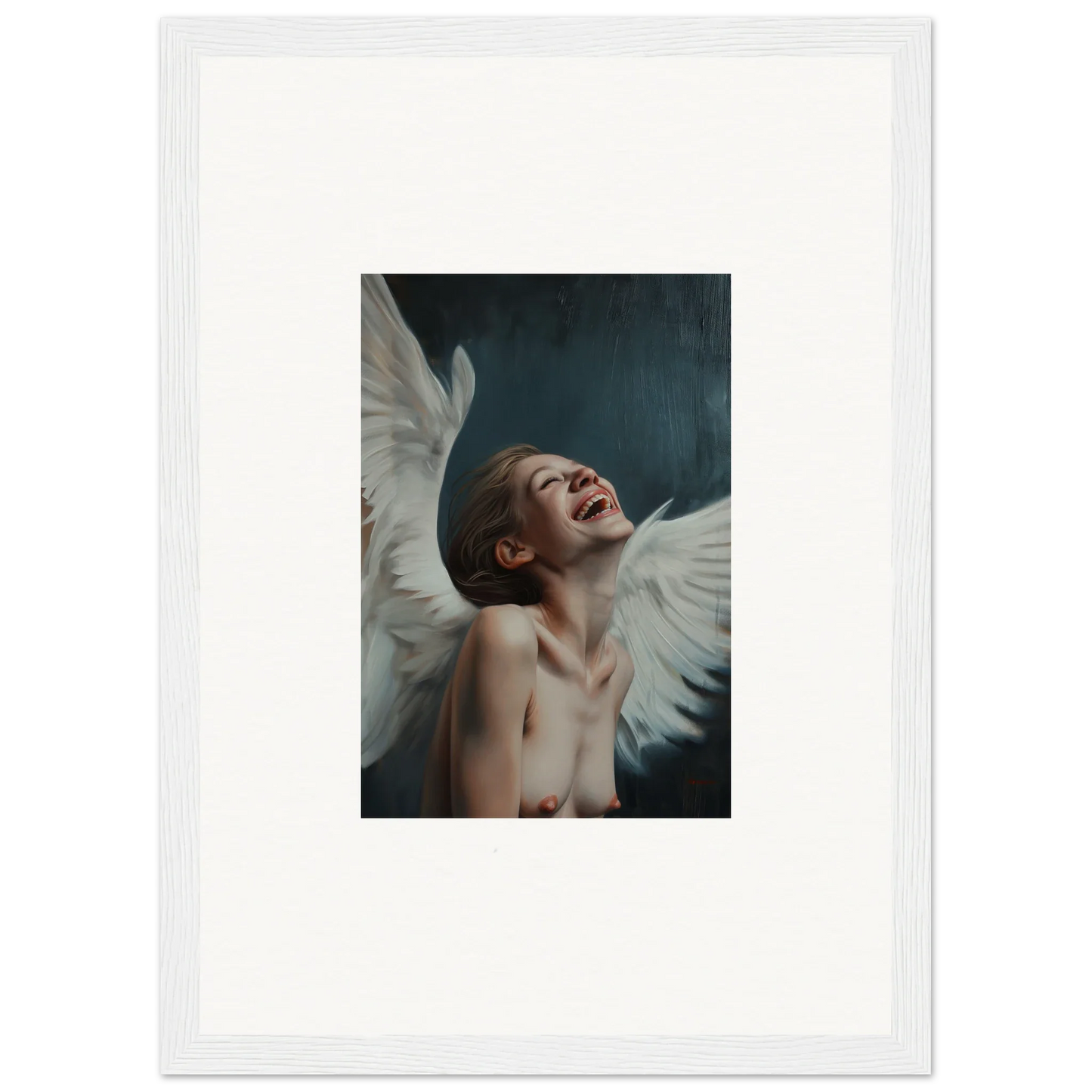 Framed wall art of a figure with white wings in an ecstatic pose for room decor