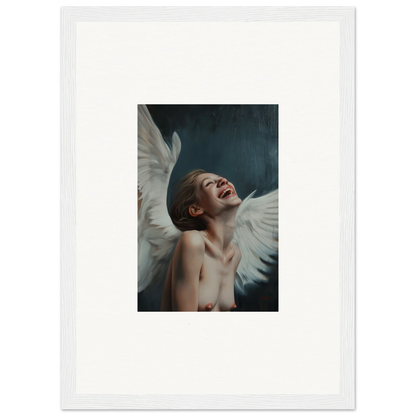 Framed wall art of a figure with white wings in an ecstatic pose for room decor