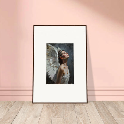 Framed wall art of a figure with white wings in a light orchard pose for room decor