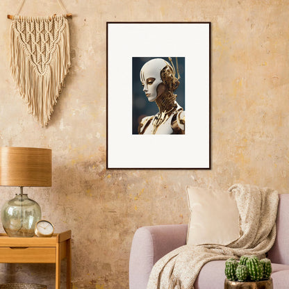 Framed wall art of a futuristic humanoid figure for unique room decor and Whiskey Obedient