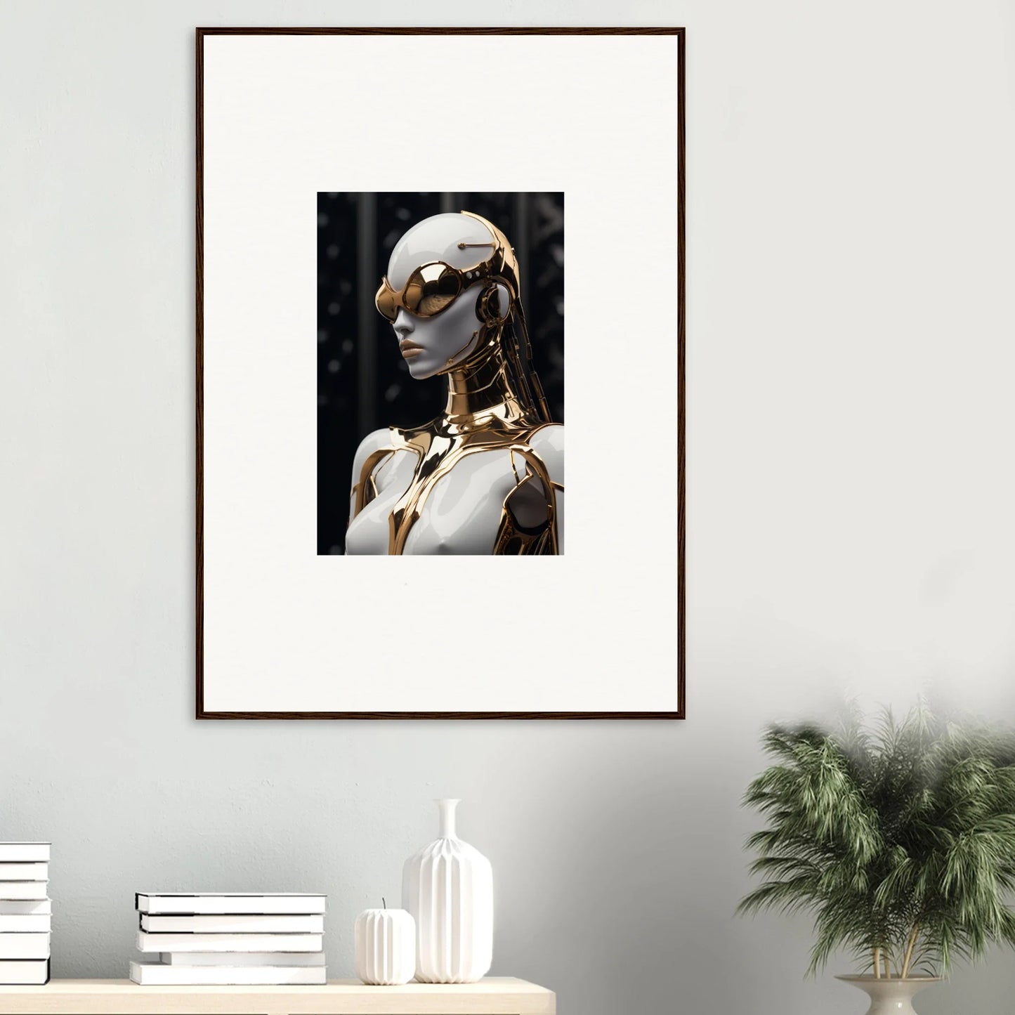 Framed wall art of a futuristic humanoid with gold accessories for unique room decor