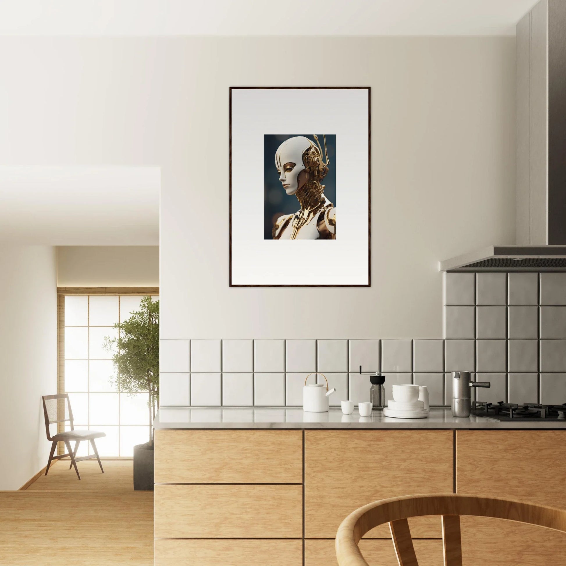 Framed wall art of a metallic humanoid figure, perfect for whiskey obedient room decor