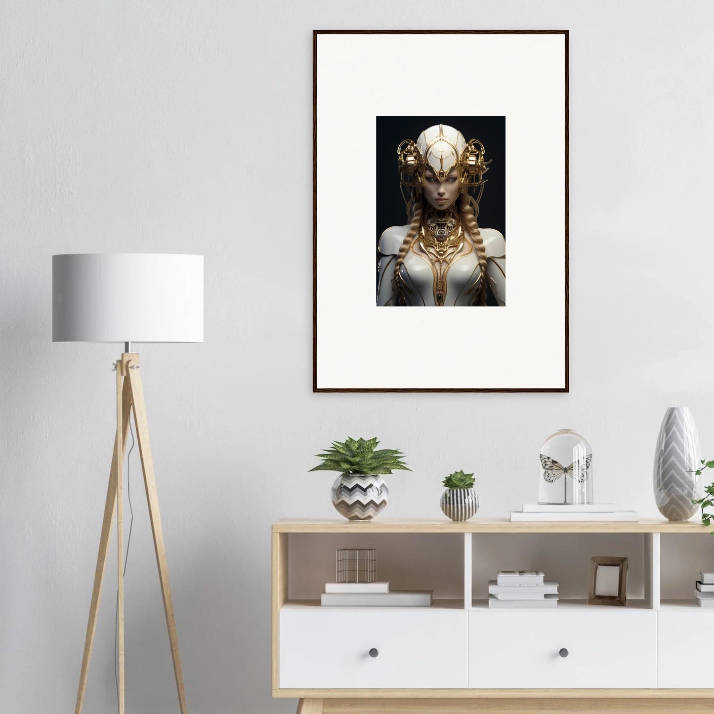 Framed wall art of an ornately adorned figure from Gilded Cosmos room decor