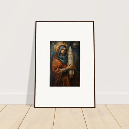 Framed portrait of a figure in orange robes, ideal for Quantum Atelier room decor