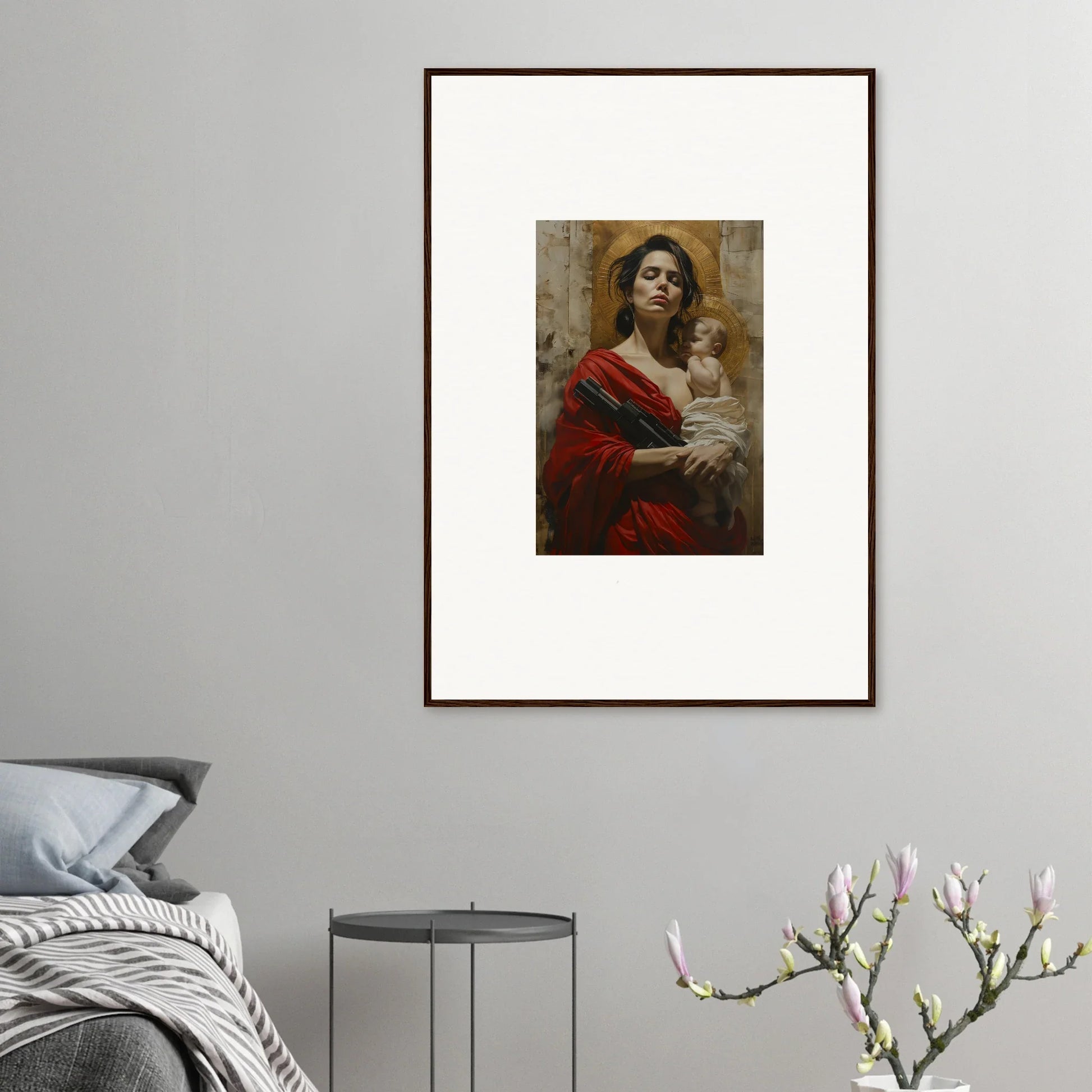 Framed wall art of a figure in a red garment, perfect for room decor