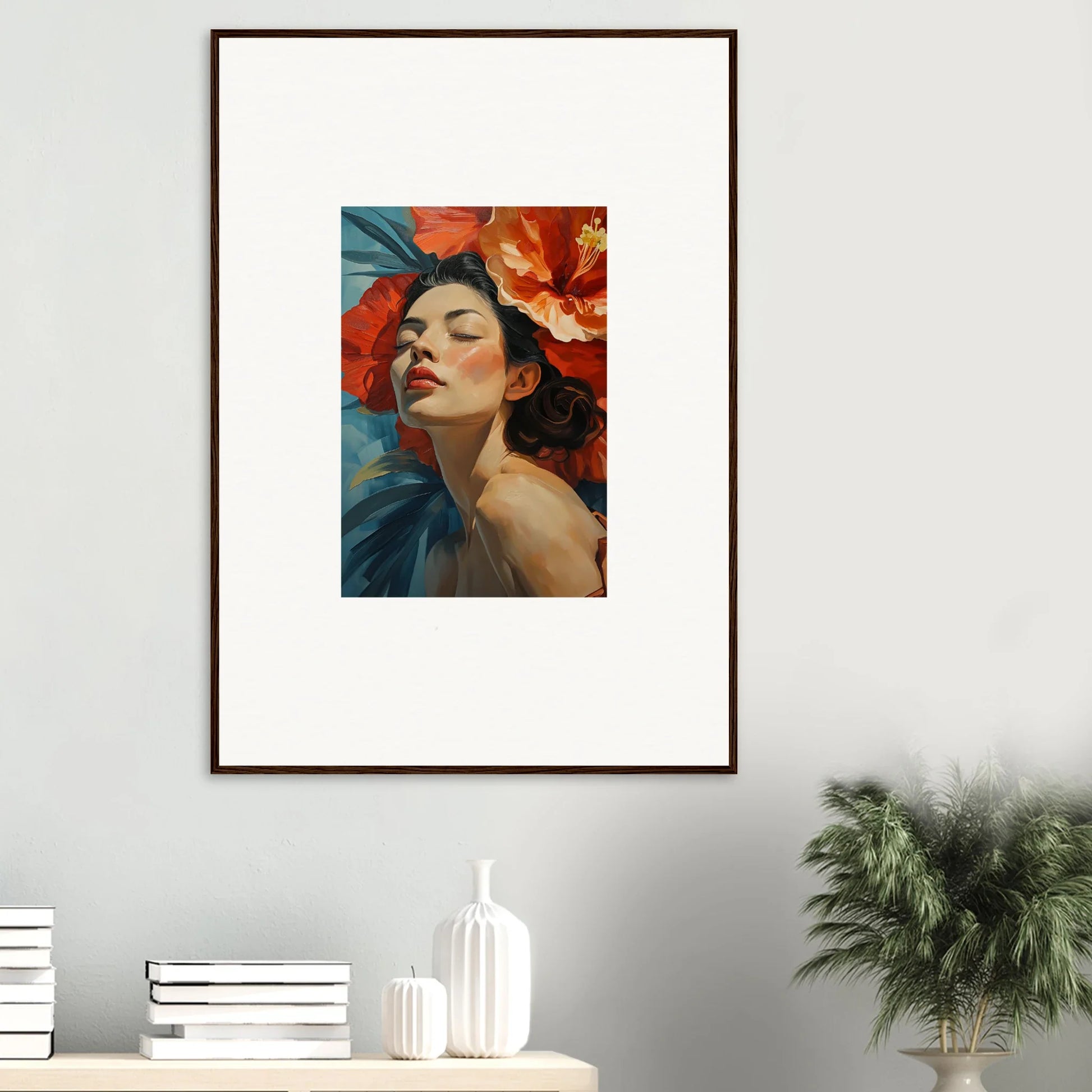 Framed wall art of a serene person with red flowers, perfect for room decor