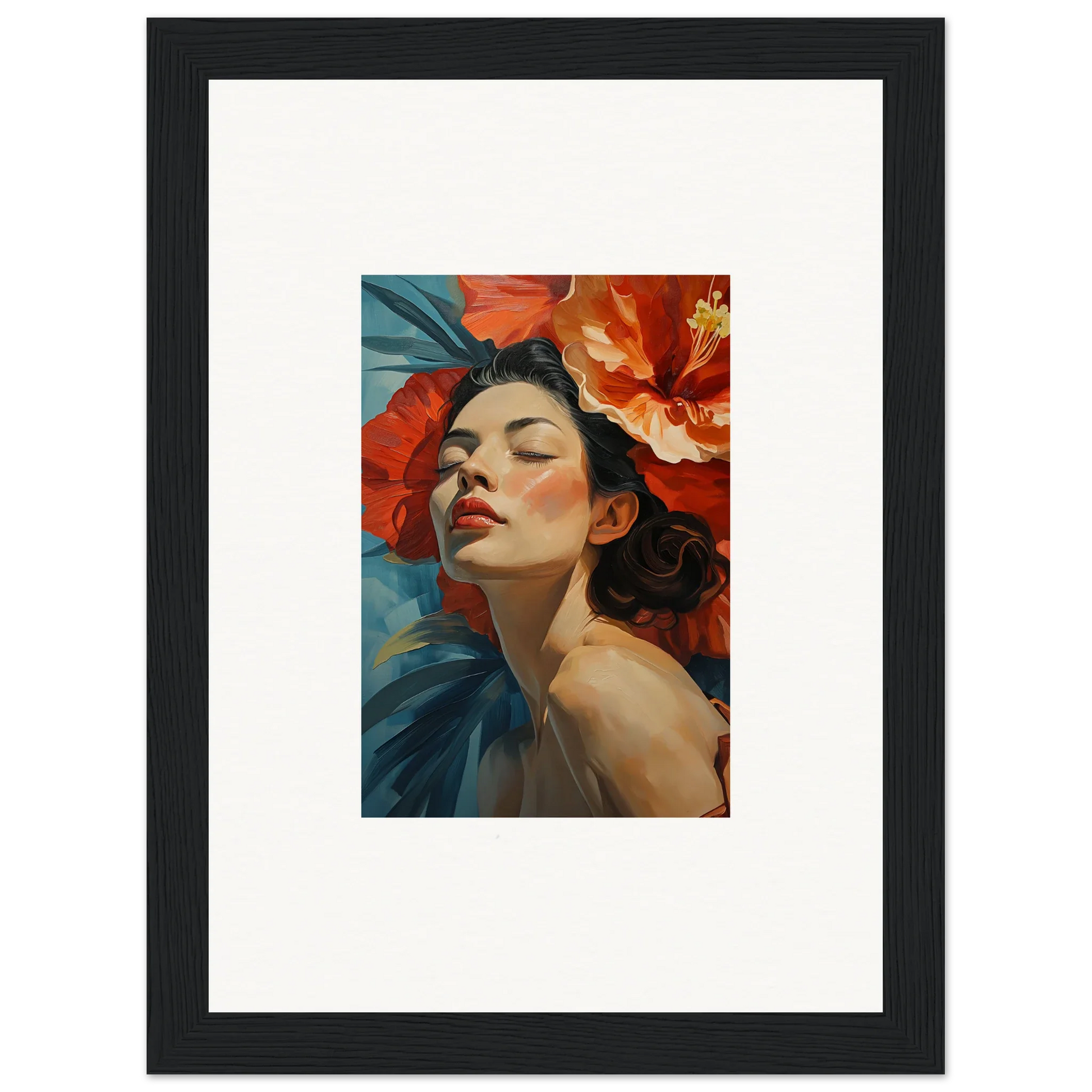 Framed wall art of a woman surrounded by vibrant red flowers for room decor