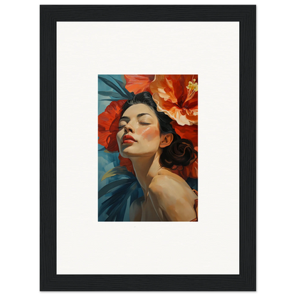 Framed wall art of a woman surrounded by vibrant red flowers for room decor