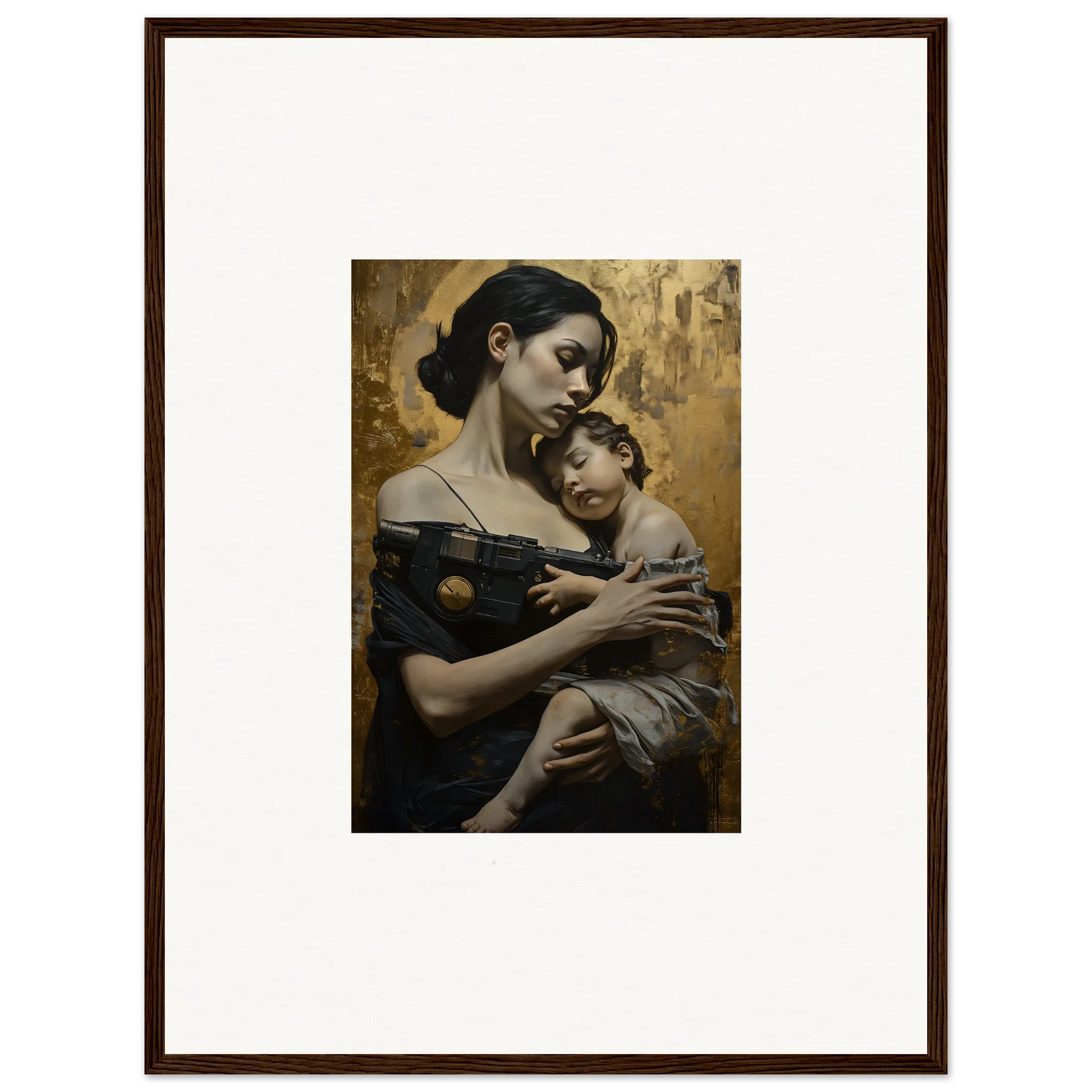 Framed wall art of a woman with a child in the Golden Protector Diptych for room decor