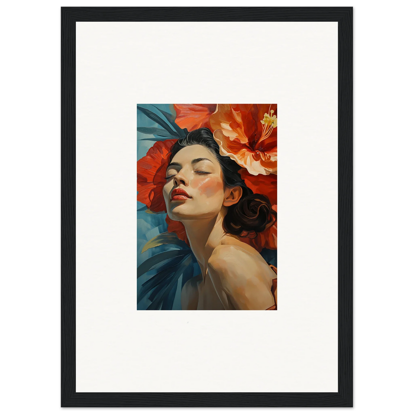 Framed wall art of a woman adorned with vibrant red flowers for elegant room decor