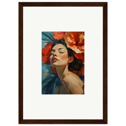 Framed wall art of a woman with red flowers in Gilded Petal Palpitation room decor