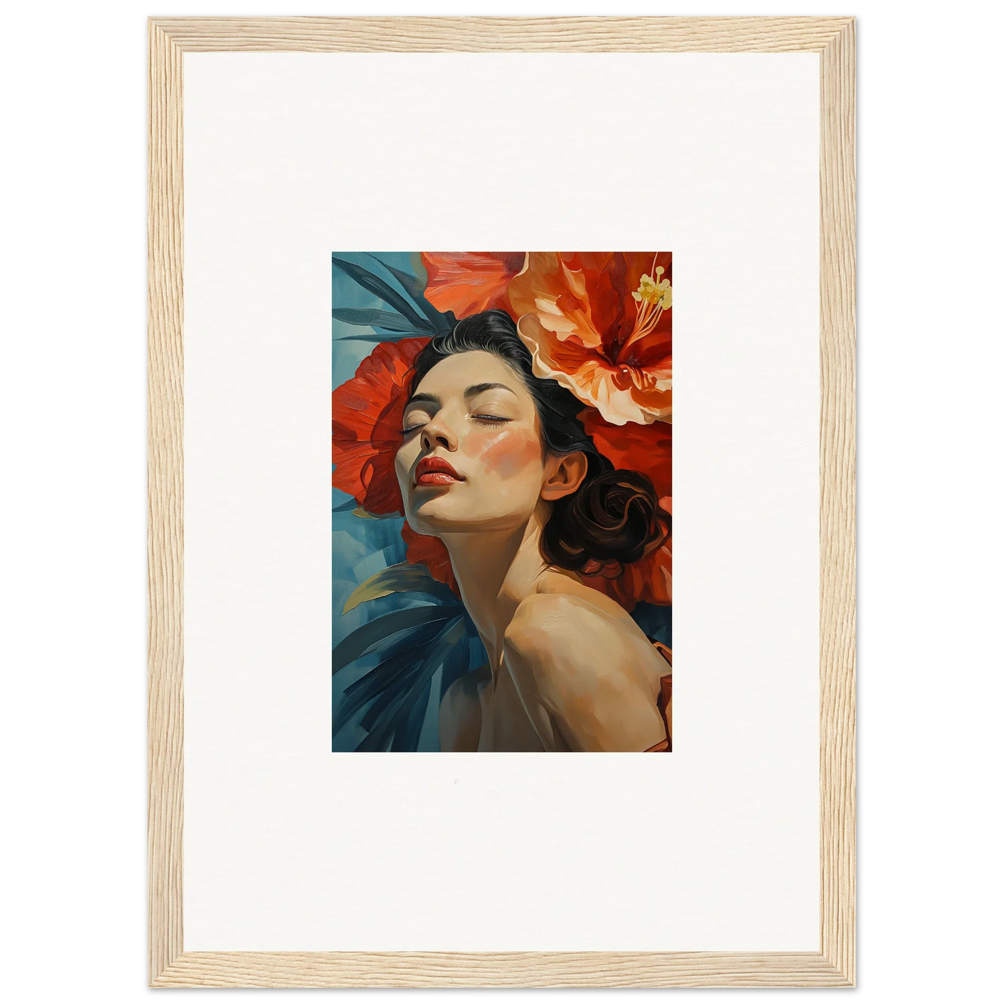 Framed wall art of a woman with red flowers, perfect for vibrant room decor