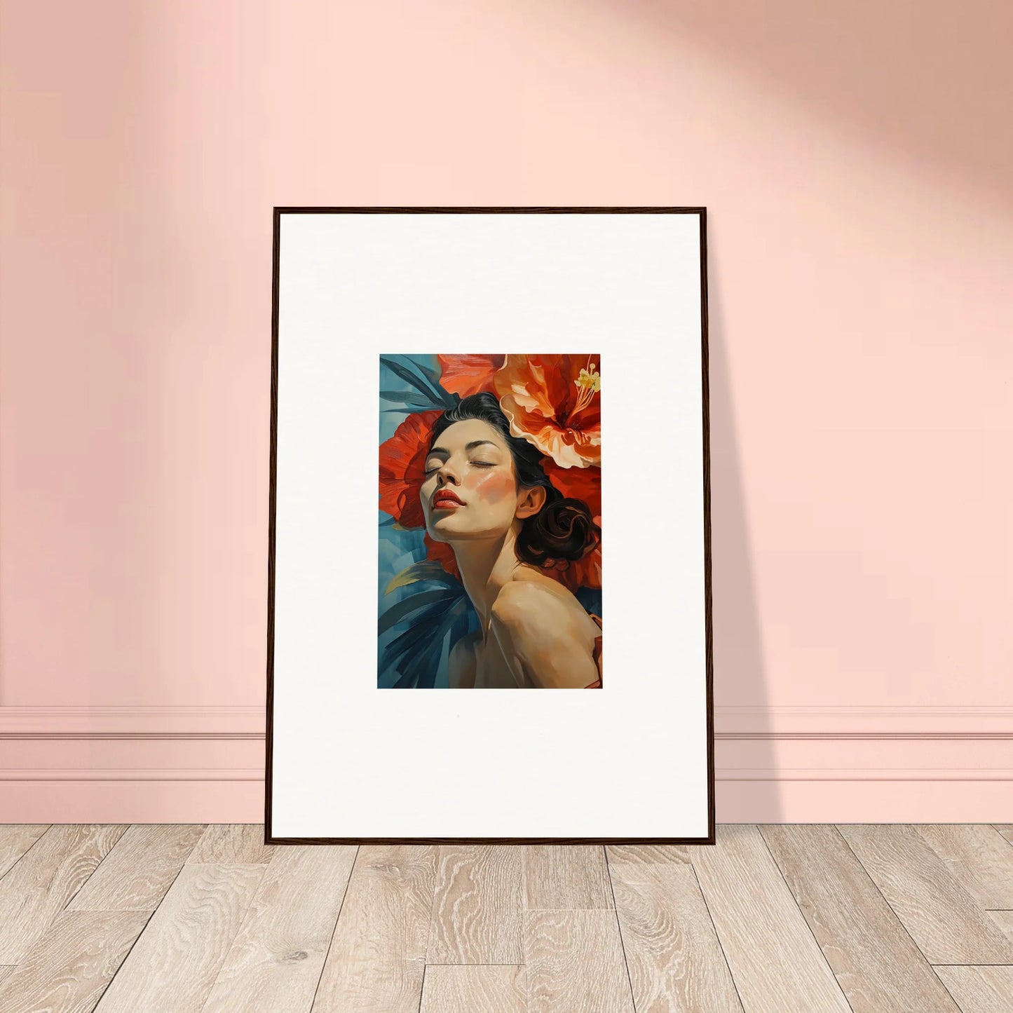 Framed wall art of a woman adorned with vibrant red flowers for room decor