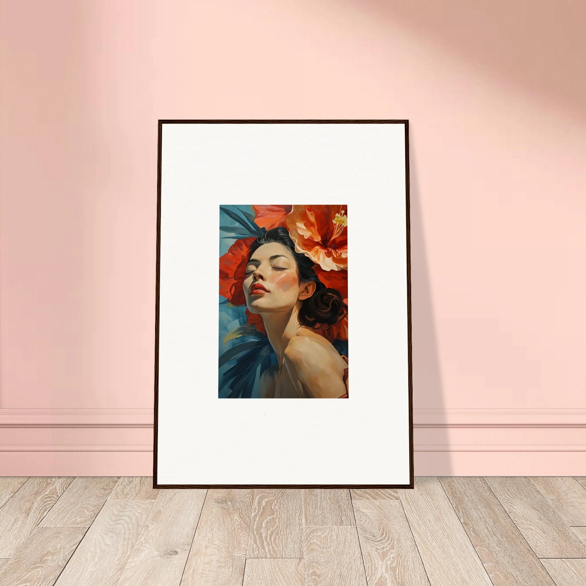 Framed wall art of a woman adorned with vibrant red flowers for room decor