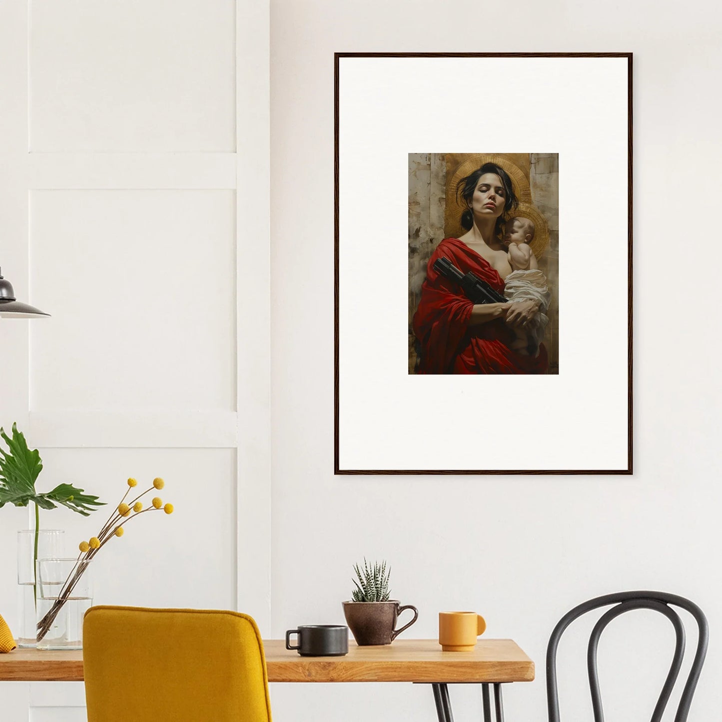 Framed wall art of a woman in red holding a child, perfect room decor option