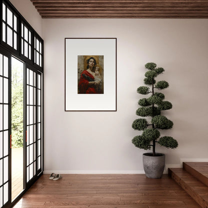 Framed wall art of a woman in a red garment with a small animal for room decor