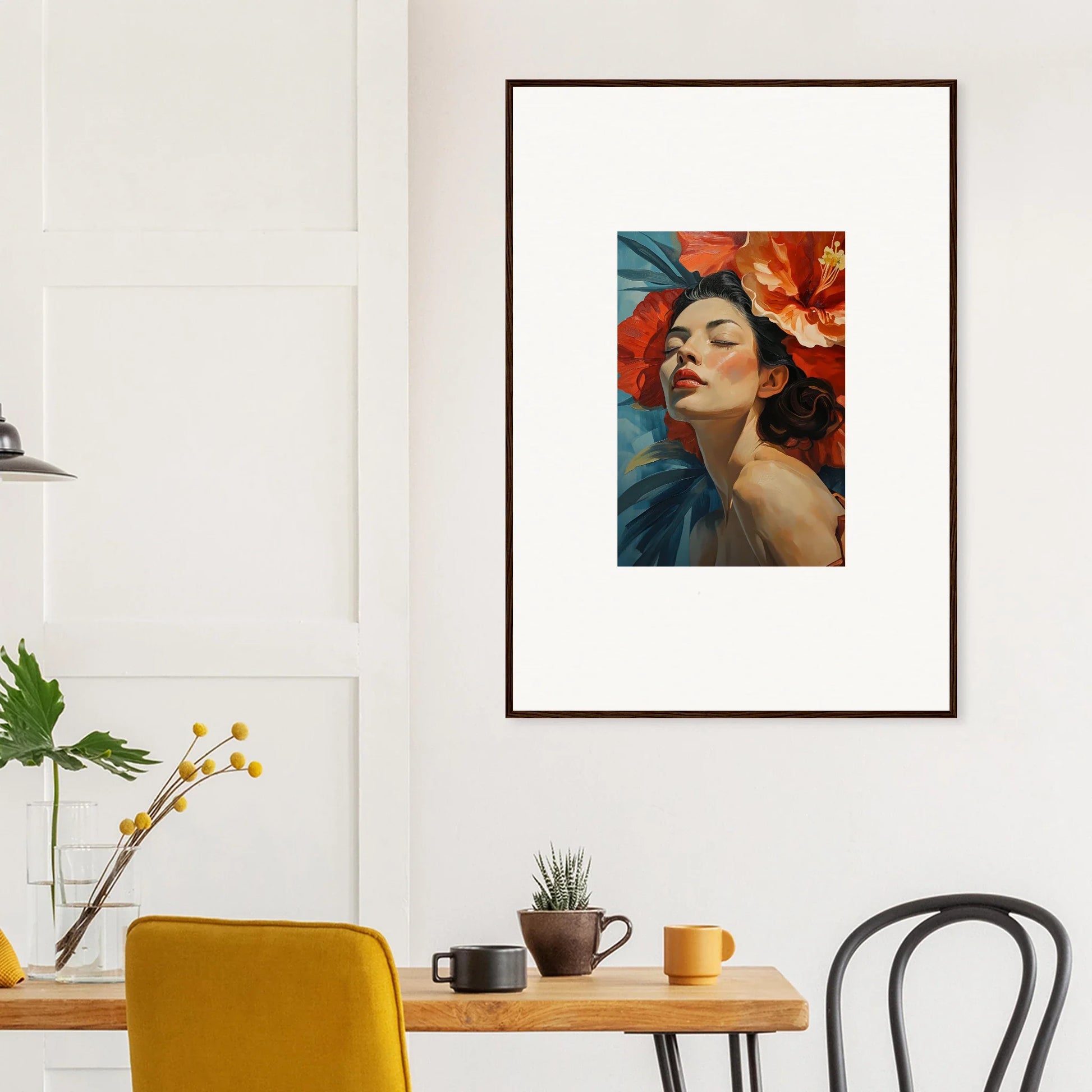 Framed wall art of a woman with red flowers, perfect for petal palpitation room decor