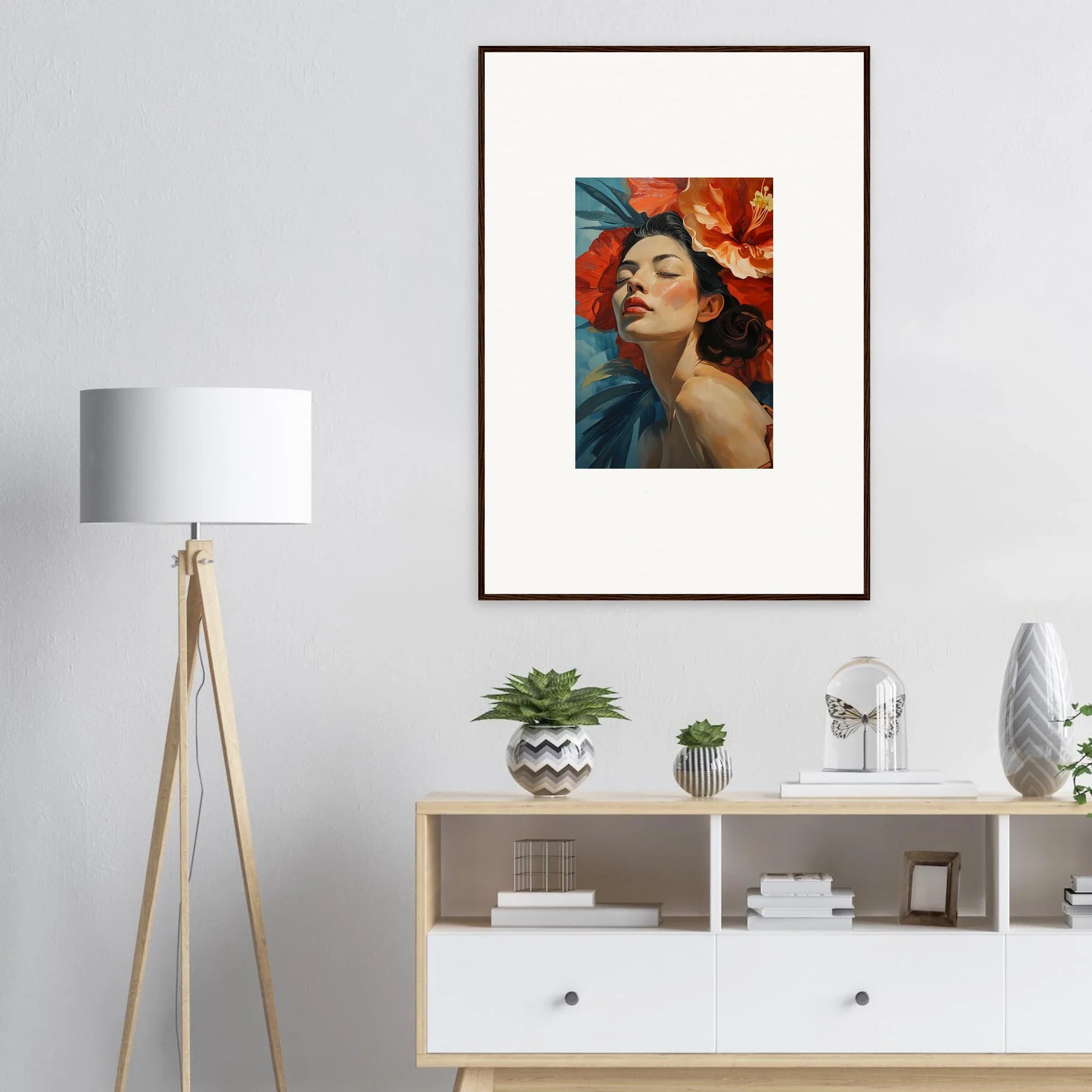 Framed wall art of a woman with vibrant colors, ideal for petal palpitation room decor