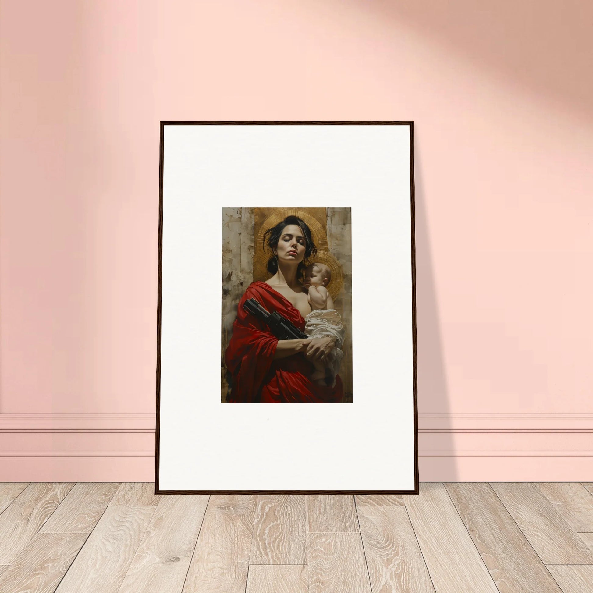 Framed wall art of a woman in red holding a child for elegant room decor