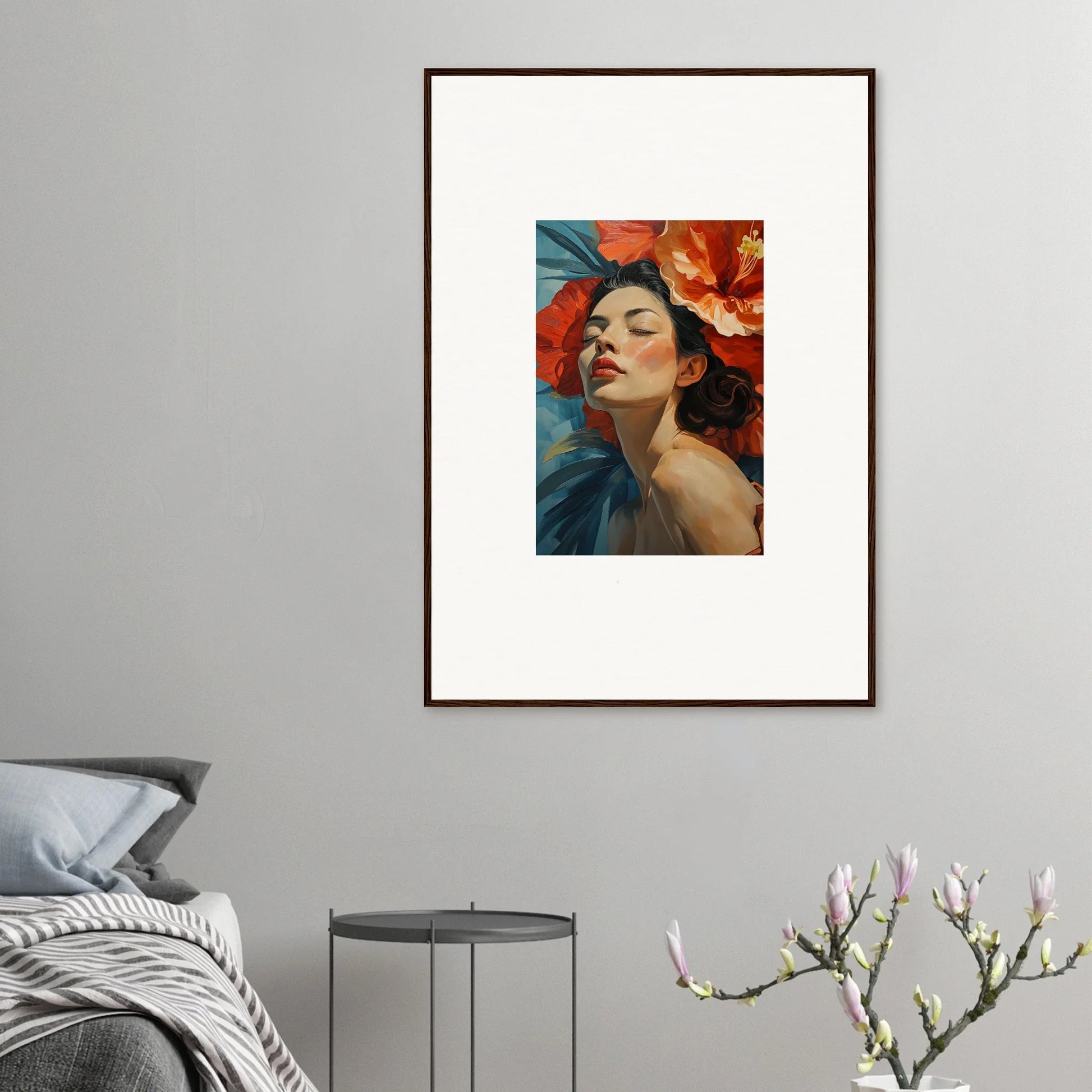 Framed wall art of a woman with red flowers, perfect for room decor and petal palpitation