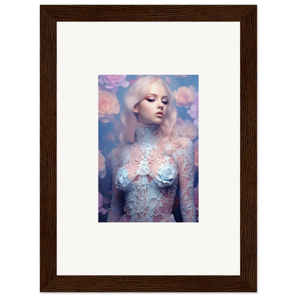 Framed wall art of a pale figure in a pastel petal vapor-themed room decor setting